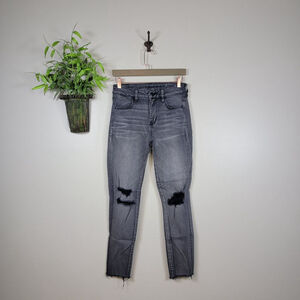 American Eagle Jeans Hi Rise Jegging Black Ripped Skinny Distressed Frayed AE 4